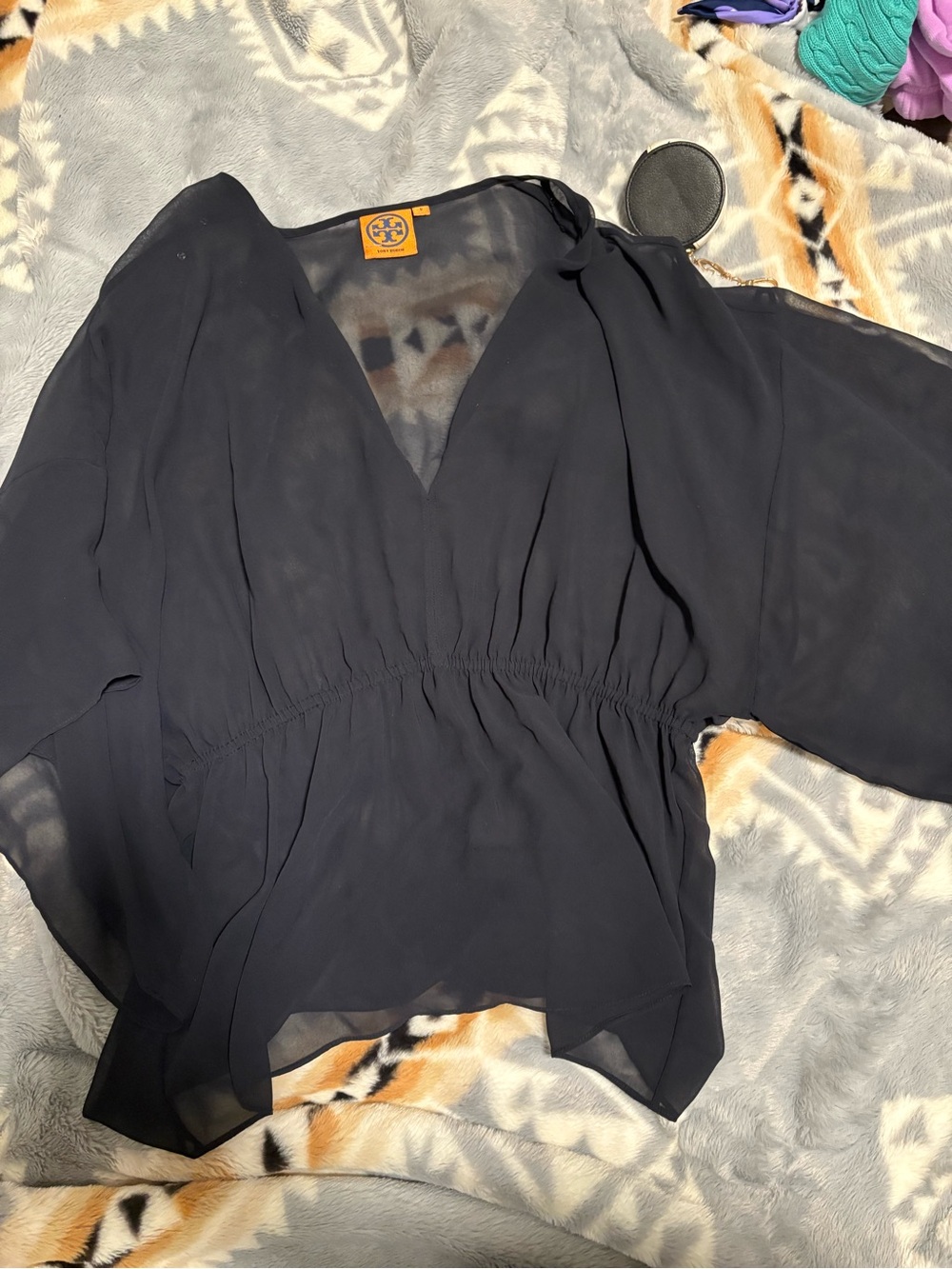 Tory Burch Black Sheer V-Neck Elastic-Waist Blouse